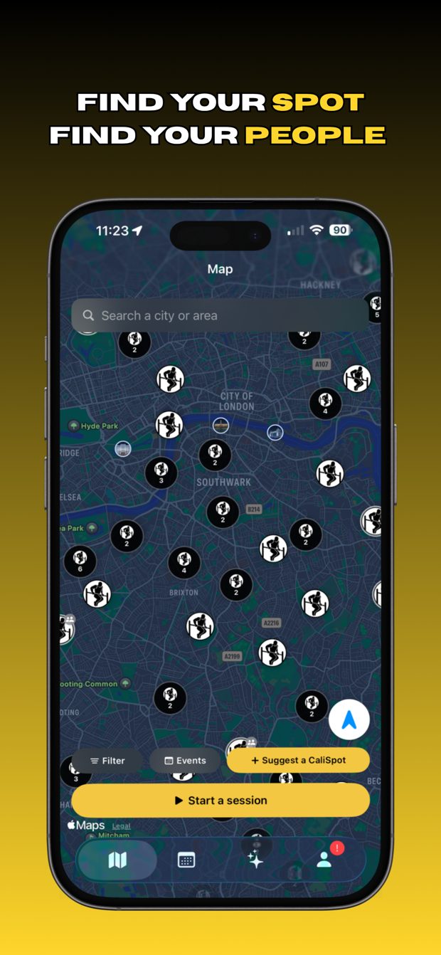CaliSpot map showing outdoor training spots across London