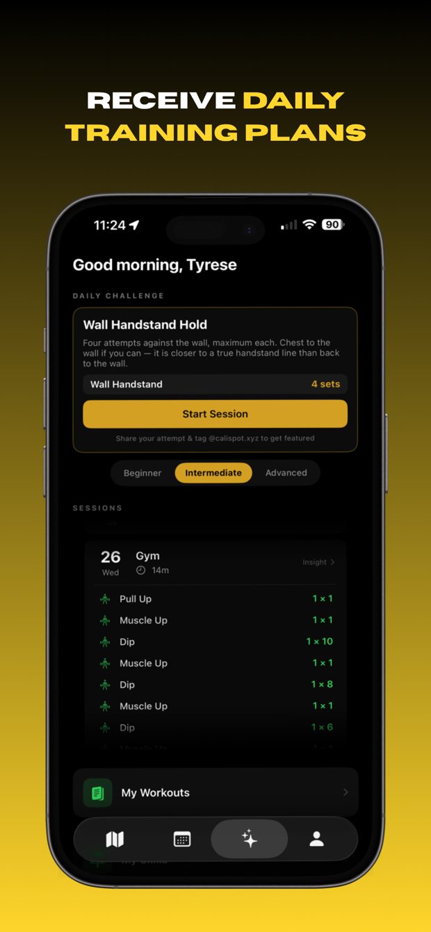 CaliSpot daily training plan with a challenge and logged sessions